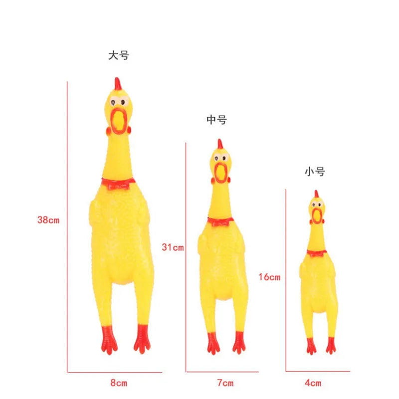 Screaming rubber chicken size chart: 38cm, 31cm, 16cm