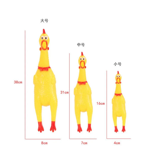 Screaming rubber chicken size chart: 38cm, 31cm, 16cm