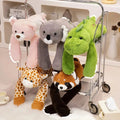 Long-arm weighted plush set: pink bear, koala, green dinosaur, giraffe and red panda draped over a cart