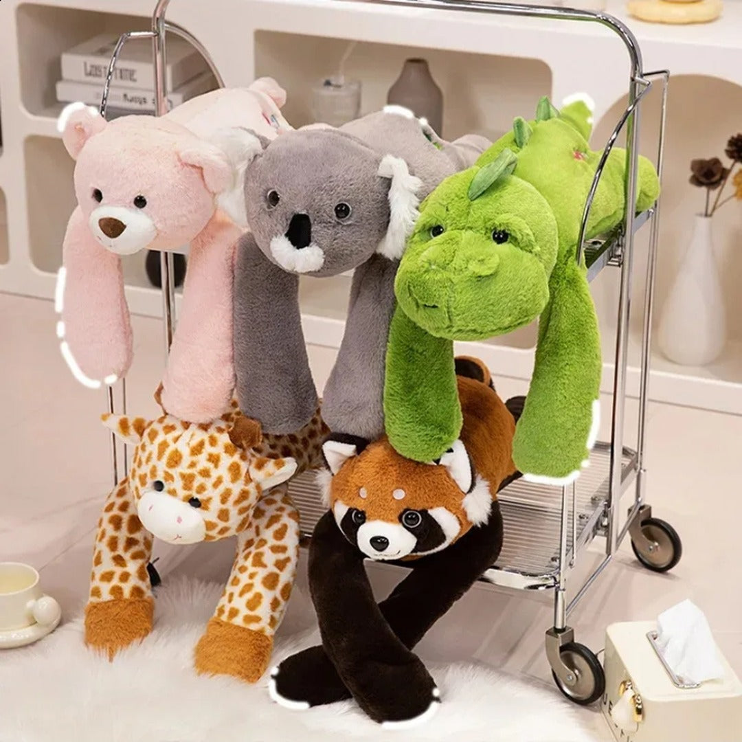 Long-arm weighted plush set: pink bear, koala, green dinosaur, giraffe and red panda draped over a cart