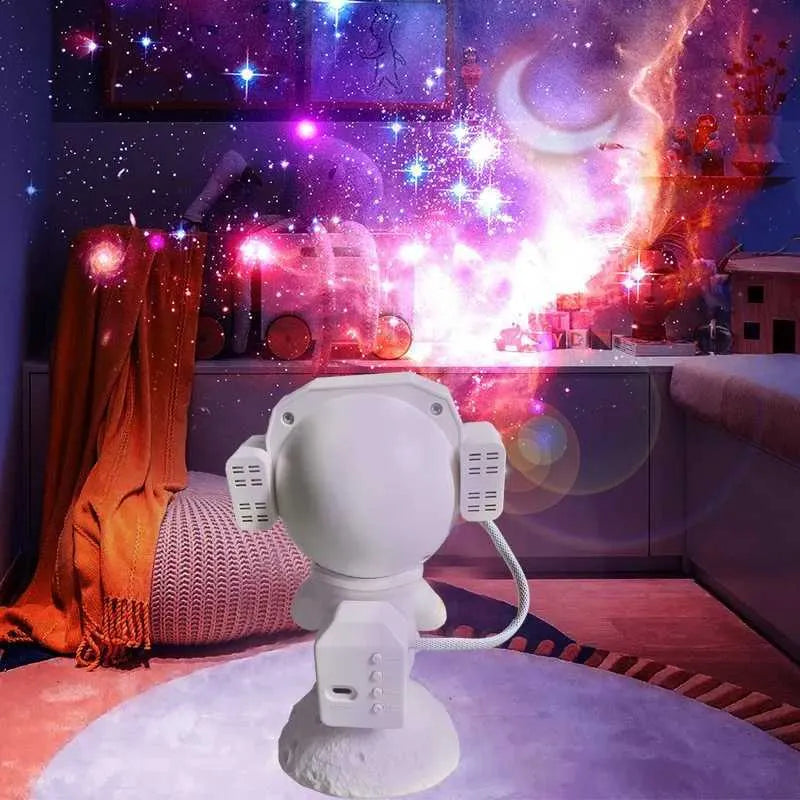 Astronaut projector filling a bedroom with a galaxy