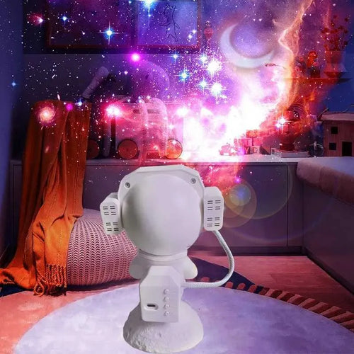Astronaut projector filling a bedroom with a galaxy